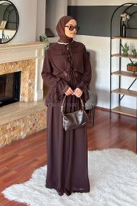 Lamelif Volan Detaylı Şifon Pantolonlu Takım Acı Kahve