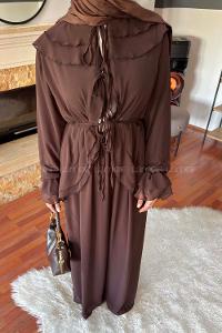 Lamelif Volan Detaylı Şifon Pantolonlu Takım Acı Kahve