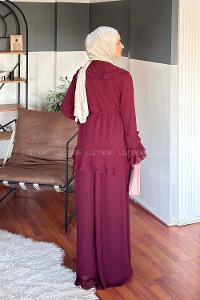 Lamelif Volan Detaylı Şifon Pantolonlu Takım Bordo