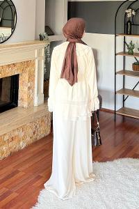 Lamelif Volan Detaylı Şifon Pantolonlu Takım Krem