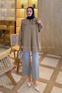 Lamelif Bebe Yaka Dantel Detaylı Gömlek Soft Kahve