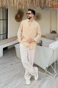 Lamelif Çizgi Detaylı Gömlek Sütlü Kahve