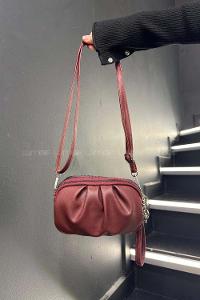 Lamelif Kadın Buruşuk Deri 3 Bölmeli Çapraz Çanta Bordo