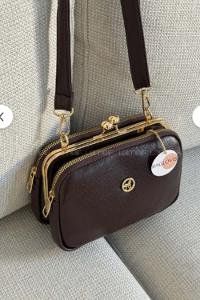 Lamelif Kadın Klipsli Çok Bölmeli Çapraz Çanta Acı Kahve