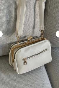 Lamelif Kadın Klipsli Çok Bölmeli Çapraz Çanta Krem