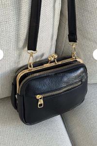 Lamelif Kadın Klipsli Çok Bölmeli Çapraz Çanta Siyah