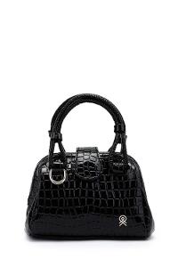 Lamelif Kroko Desenli Burslu Mekanizmalı Omuz Çantası Kadın Rugan Siyah