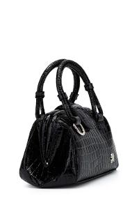 Lamelif Kroko Desenli Burslu Mekanizmalı Omuz Çantası Kadın Rugan Siyah