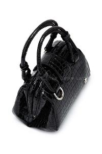 Lamelif Kroko Desenli Burslu Mekanizmalı Omuz Çantası Kadın Rugan Siyah
