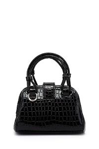Lamelif Kroko Desenli Burslu Mekanizmalı Omuz Çantası Kadın Rugan Siyah