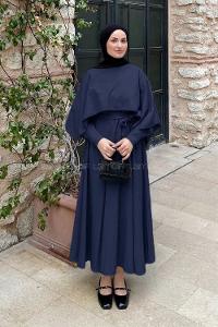 Lamelif Pelerin Detaylı Elbise Lacivert