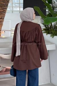 Lamelif Bağlama Detaylı Tesettür Gömlek Acı Kahve