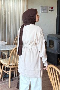 Lamelif Beli Büzgülü Düğme Detaylı Gömlek Bej
