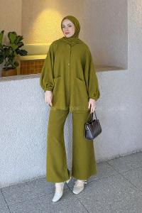 Lamelif Çift Cepli Takım Yağ Yeşili