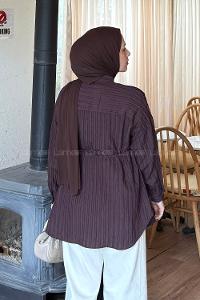 Lamelif Çizgi Detaylı Bağlamalı Gömlek Acı Kahve