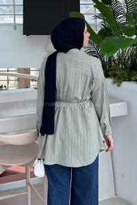 Lamelif Çizgi Detaylı Bağlamalı Gömlek Çağla Yeşili