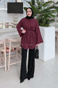 Lamelif Çizgili Bağlamalı Gömlek Bordo