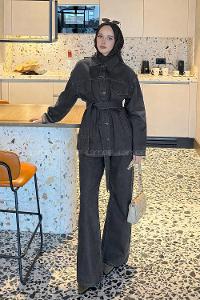 Lamelif Denim Ceket-Pantolon İkili Takım Füme