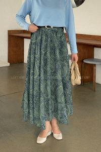 Lamelif Desenli Şifon Etek Haki