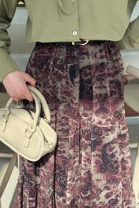 Lamelif Etnik Desen Pileli Etek Haki