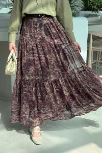 Lamelif Etnik Desen Pileli Etek Haki