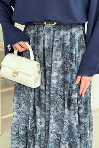 Lamelif Etnik Desen Pileli Etek İndigo