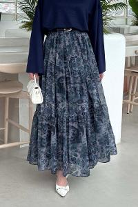 Lamelif Etnik Desen Pileli Etek İndigo