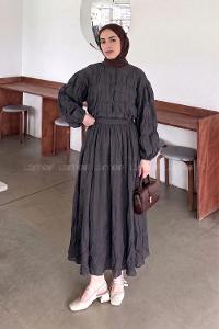 Lamelif Gofre Dokulu Ceket-Etek Takım Siyah