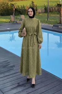 Lamelif Kabartma Nakış İşlemeli Tesettür Elbise Çağla Yeşili