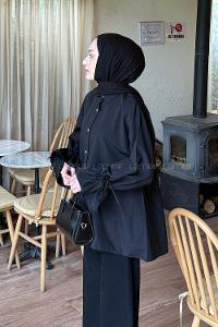 Lamelif Kol Tünel İp Detaylı Gömlek Siyah