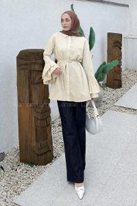 lamelif Piliseli Uzun Gömlek Taş Rengi