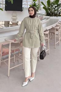 Lamelif Plise Kemerli Tunik Küf Yeşili