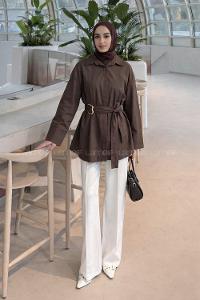 Lamelif Toka Detaylı Uzun Kuşaklı Gömlek Koyu Kahverengi