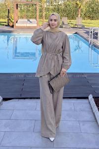 Lamelif Asimetrik Bağlama Detaylı Pantolonlu Takım Vizonrengi