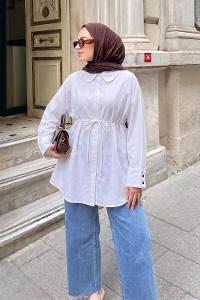 White Peter Pan Collar Long Arm Cotton Fabric Polyester Shirt