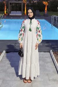 White Mandarin Collar Viscose Fabric Printed Dresess