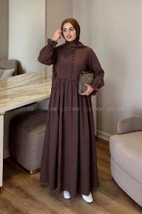 Lamelif Brit Düğmeli Tesettür Elbise Koyu Kahverengi