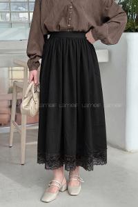 Lamelif Dantel Detaylı Saten Etek Siyah