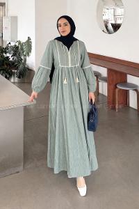 Lamelif Güpür Dantelli Püskül Detaylı Elbise Çağla Yeşili