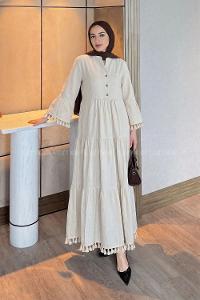 Stone Mandarin Collar Linen Unprinted Dresess
