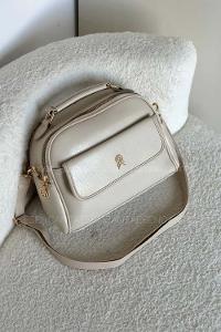 Lamelif Kapak Detaylı Kadın Çapraz Çanta Krem