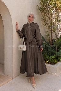 Lamelif Bağlama Detaylı Fularlı Tensel Elbise Koyu Kahve