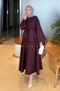 Lamelif Bağcıklı Etek-Bluz İkili Takım Mürdüm