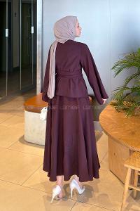 Lamelif Bağcıklı Etek-Bluz İkili Takım Mürdüm