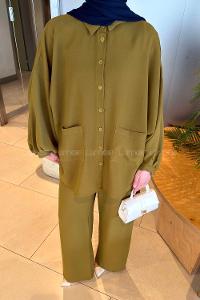 Oil Green Shirt Collar Long Arm Cotton Fabric Regular Trousers Comfortable Suit