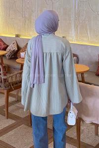 Lamelif Çizgi Detaylı Oversize Tesettür Gömlek Çağla Yeşili
