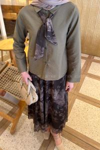 Lamelif Desenli Fular Detaylı Etekli Takım Haki