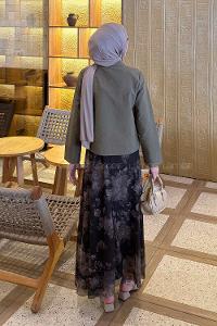 Lamelif Desenli Fular Detaylı Etekli Takım Haki