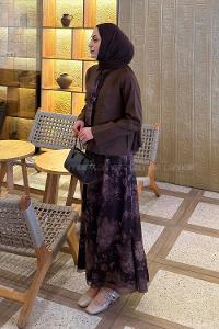 Lamelif Desenli Fular Detaylı Etekli Takım Kahverengi