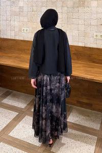 Lamelif Desenli Fular Detaylı Etekli Takım Siyah